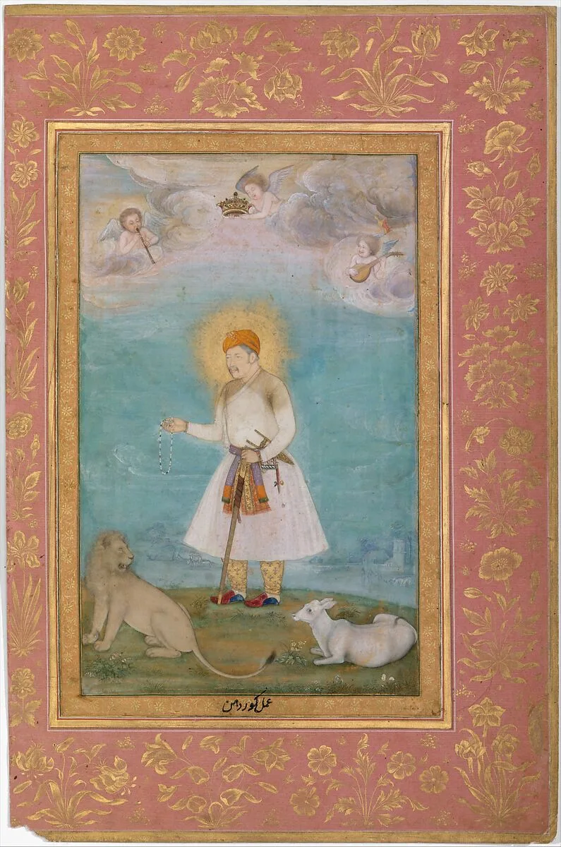"Akbar With Lion and Calf", Folio from the Shah Jahan Album — Govardhan|Mir 'Ali Haravi