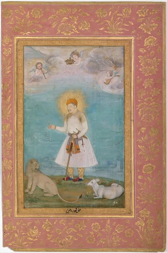 "Akbar With Lion and Calf", Folio from the Shah Jahan Album