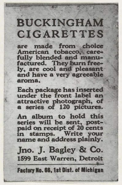 Facsimile of card verso, from the Movie Stars series (T124), issued by John J. Bagley & Co. to promote Buckingham Cigarettes — Mack Sennett|John J. Bagley & Co.