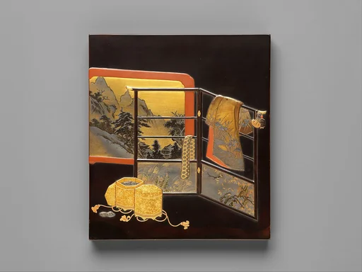 誰が袖蒔絵硯箱|Writing Box (Suzuribako) with Screen, Robe Rack, and Shell-Matching Game Set