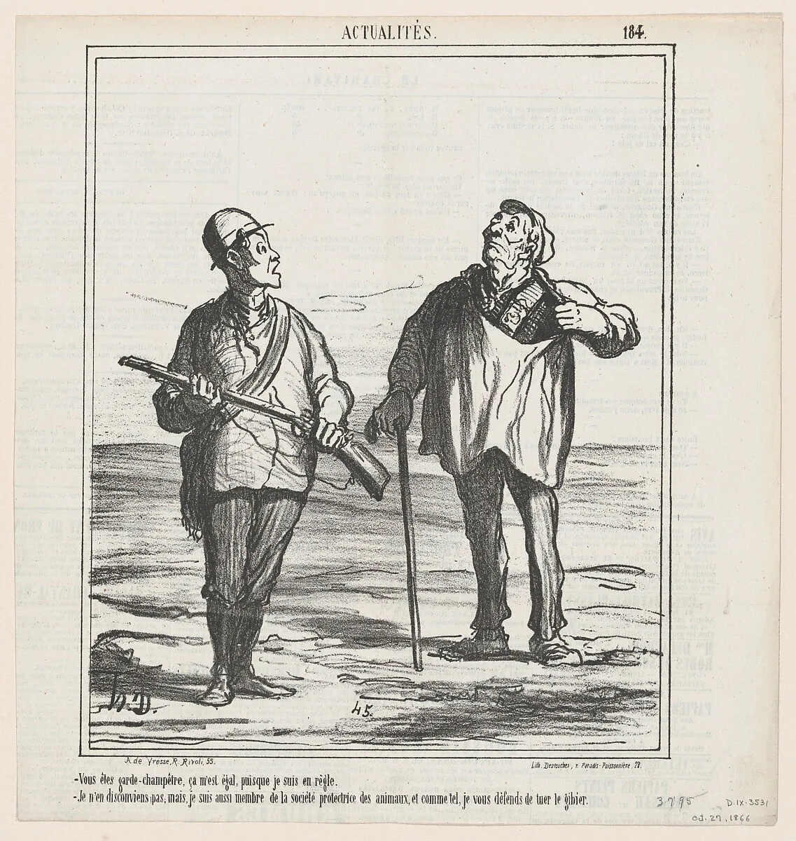 You are a warden, it is all right for me since I have a license, from 'News of the day,' published in Le Charivari, October 27, 1866 — Honoré Daumier|Destouches|Arnaud de Vresse