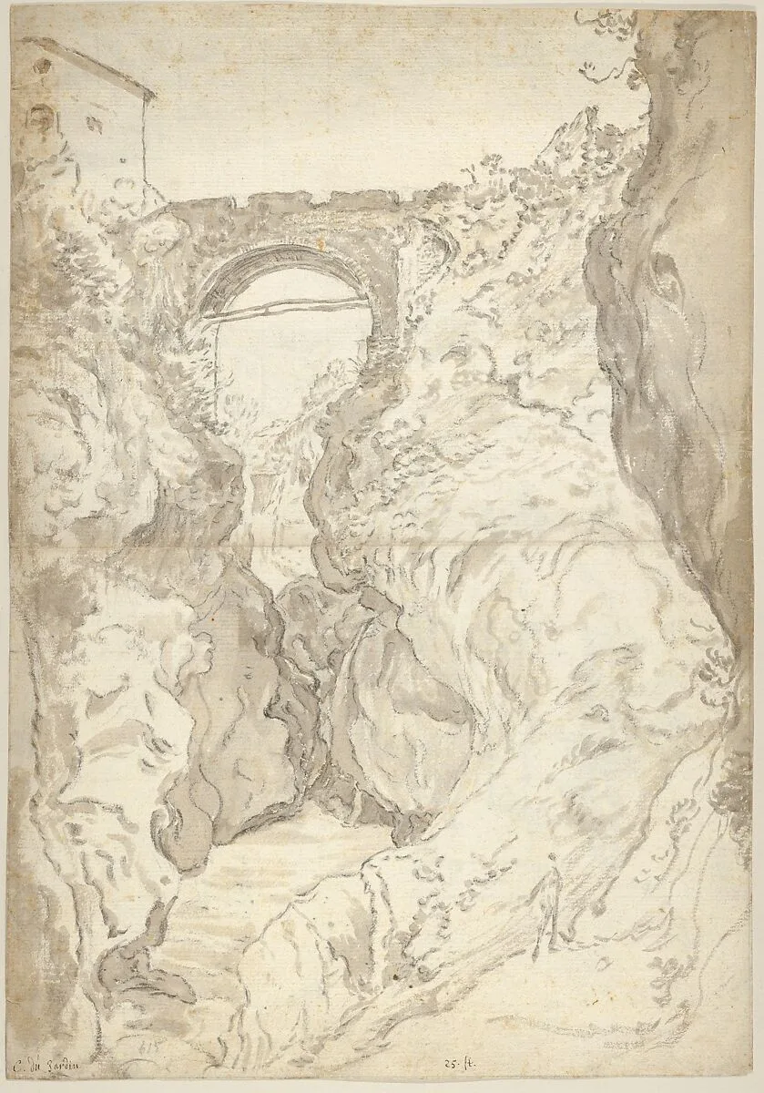 View of the Ponte San Rocco at Tivoli; verso: Buildings on the River Aniene near Tivoli (?) — Karel Dujardin|Guilliam du Gardijn
