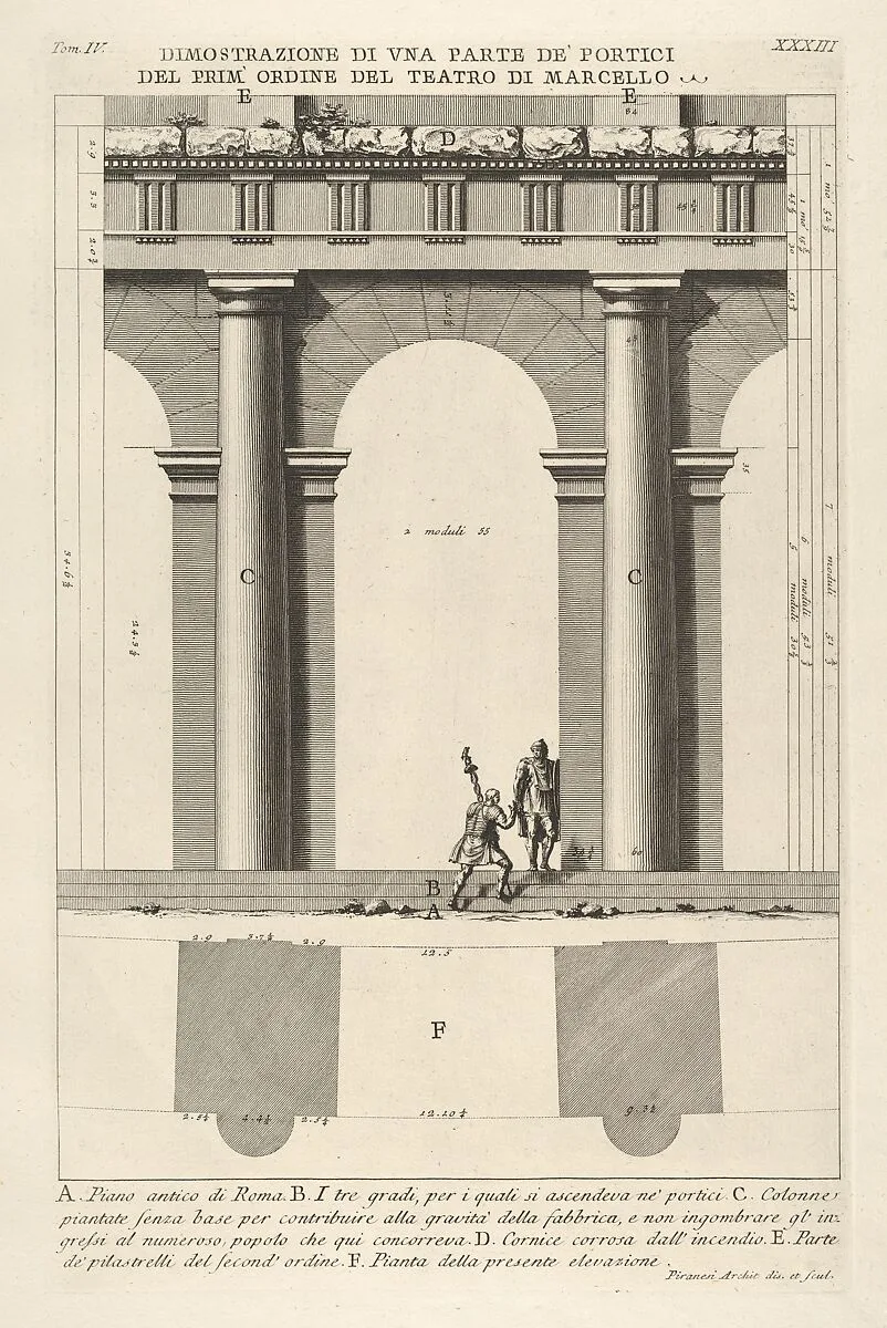 Partial elevation and plan of the first-order portico at the Theater of Marcellus (Dimostrazione di una parte de' portici del prim' ordine del Teatro di Marcello), from 'Le Antichità Romane' — Giovanni Battista Piranesi