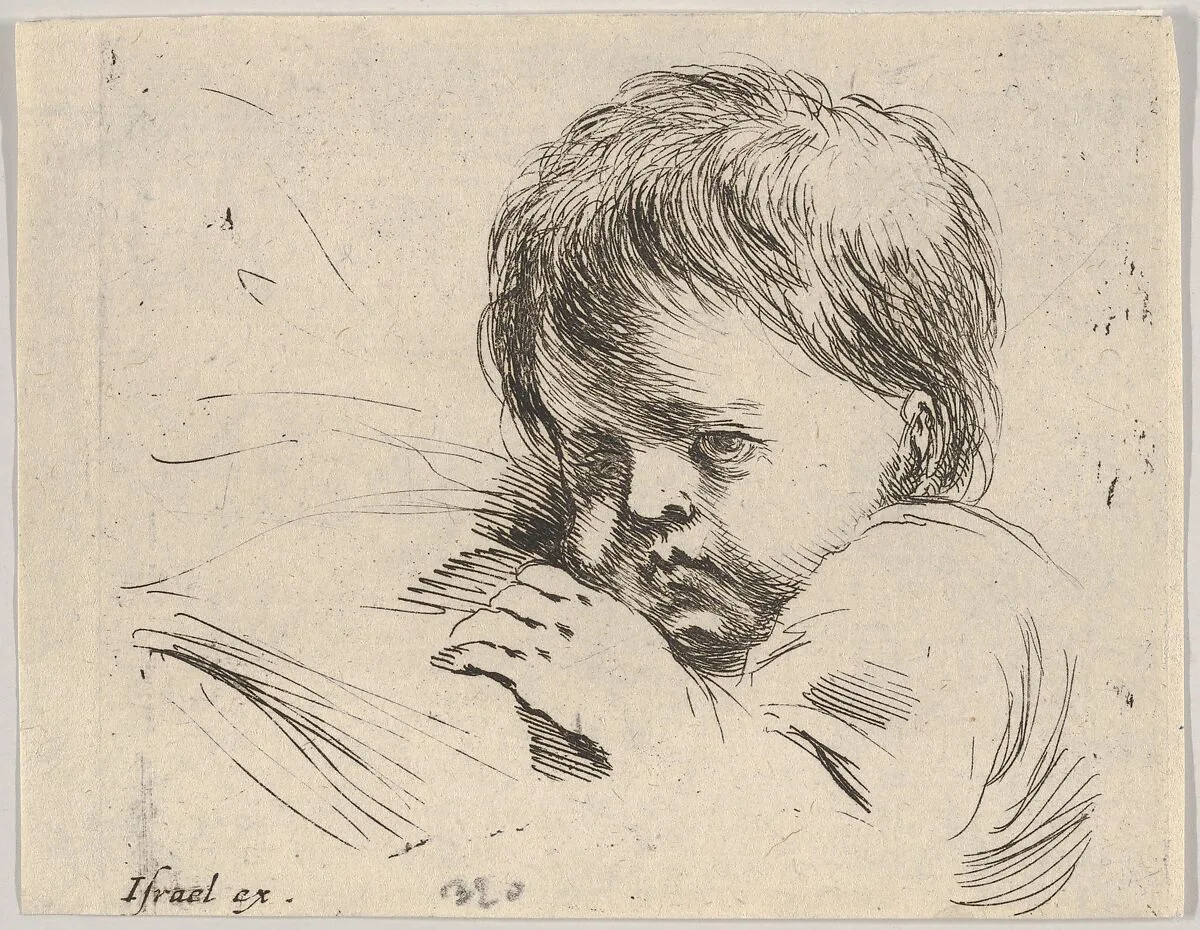 Plate 13: bust of a child with his left hand near to his chin, turned towards the left, from 'Various heads and figures' (Diverses têtes et figures) — Stefano della Bella|Israël Henriet