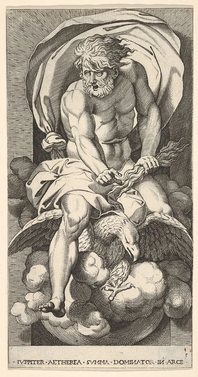 Plate 3: Jupiter emerging from a niche, riding an eagle and holding a thunderbolt in his left hand, from "Mythological Gods and Goddesses" — Giovanni Jacopo Caraglio|Rosso Fiorentino