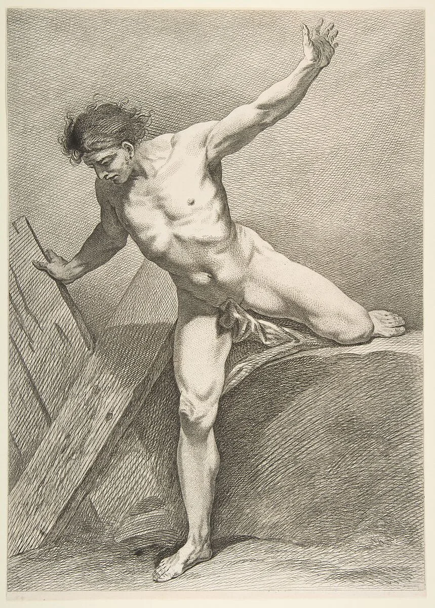 An "Académie": Striding Man Leaning on a Plank — Carle (Charles André) Vanloo