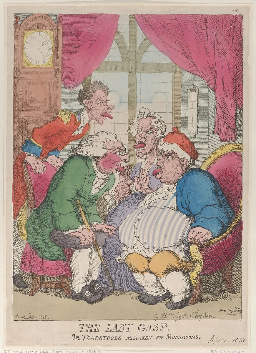 The Last Gasp, or Toadstools Mistaken for Mushrooms — Thomas Tegg|Thomas Rowlandson