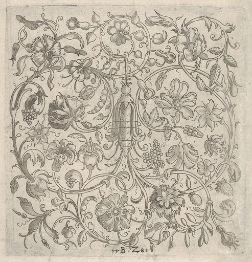 Square Panel with Vegetal Scrollwork, Flowers and Fruits