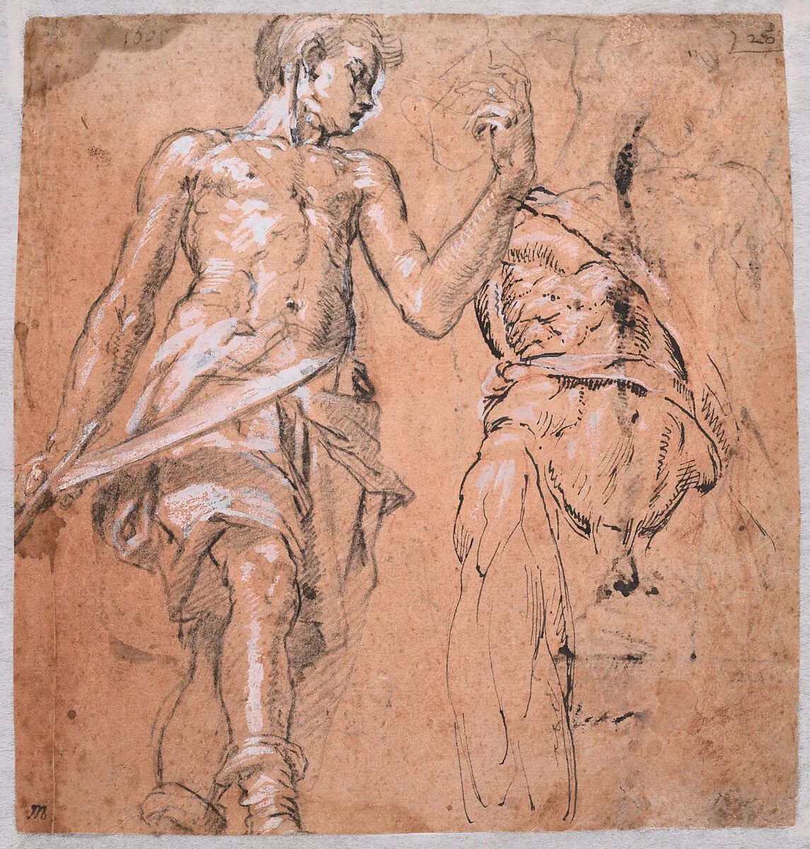 Two studies of a Standing Man with a Sword (Alexander the Great); verso: Studies of a Leg, an Arm, a Hand, and a Figure's Neck — Peter Candid (Pieter de Witte, Pietro Candido)
