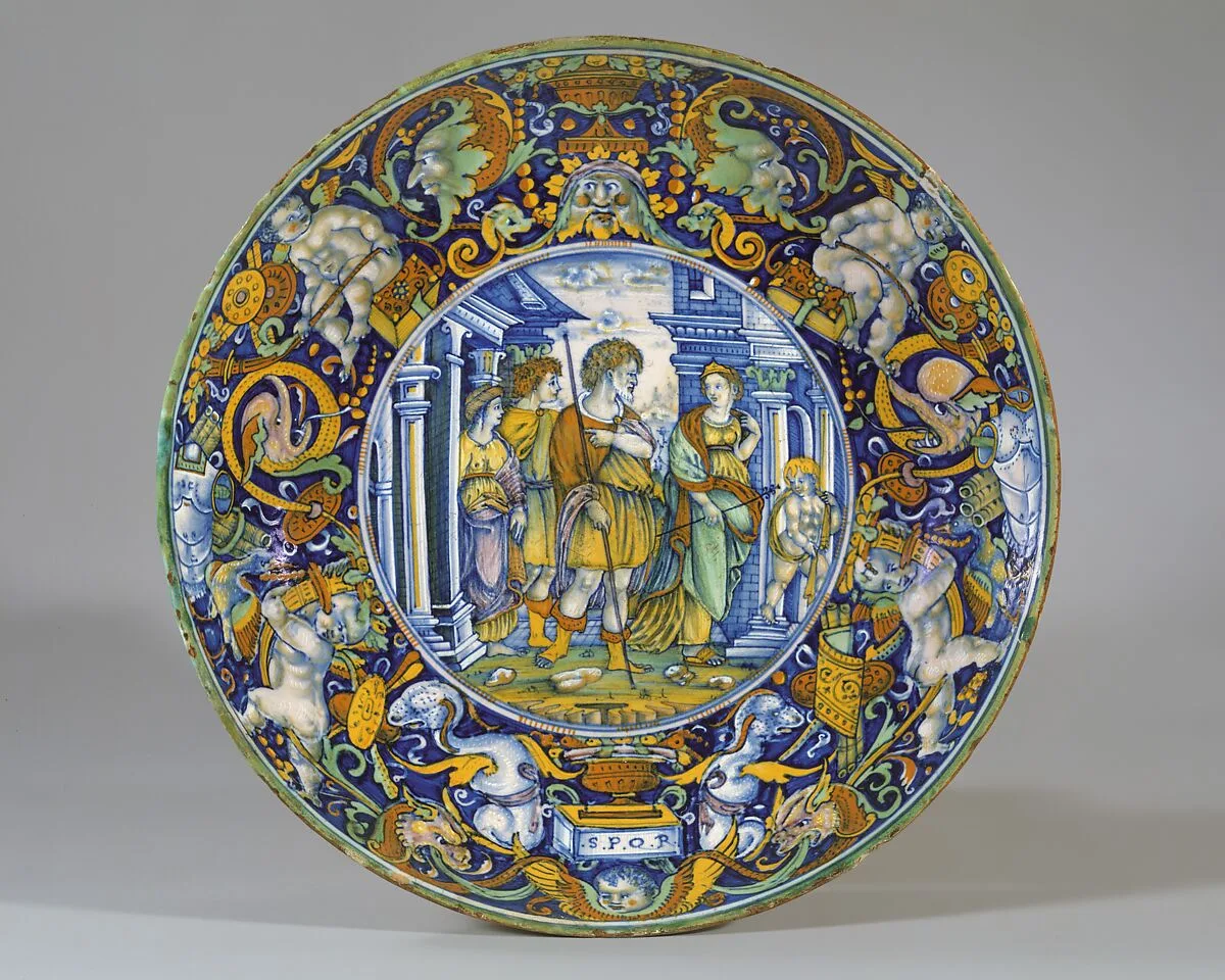 Dish (coppa): The story of Aeneas: Queen Dido of Carthage welcomes Aeneas and his son. — workshop of Giovanni Maria Vasaro