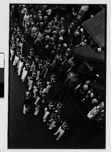 [Two 35mm Film Frames: Crowd and Parade Marchers, From Above, New York City]