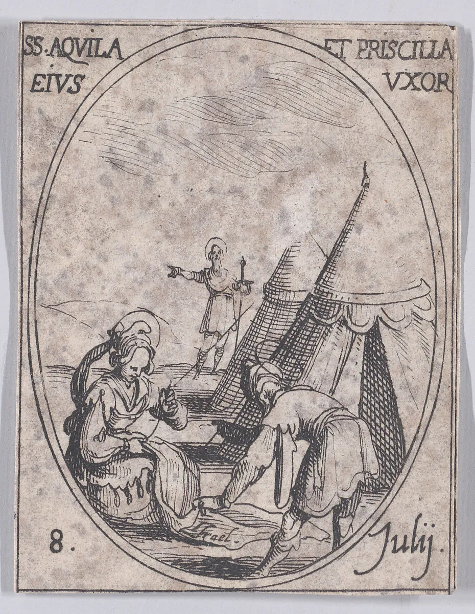 S. Aquilla et Se. Priscille, sa femme (St. Aquila and St. Priscilla, His Wife), July 8th, from "Les Images De Tous Les Saincts et Saintes de L'Année" (Images of All of the Saints and Feast Days of the Year) — Israël Henriet|Jacques Callot