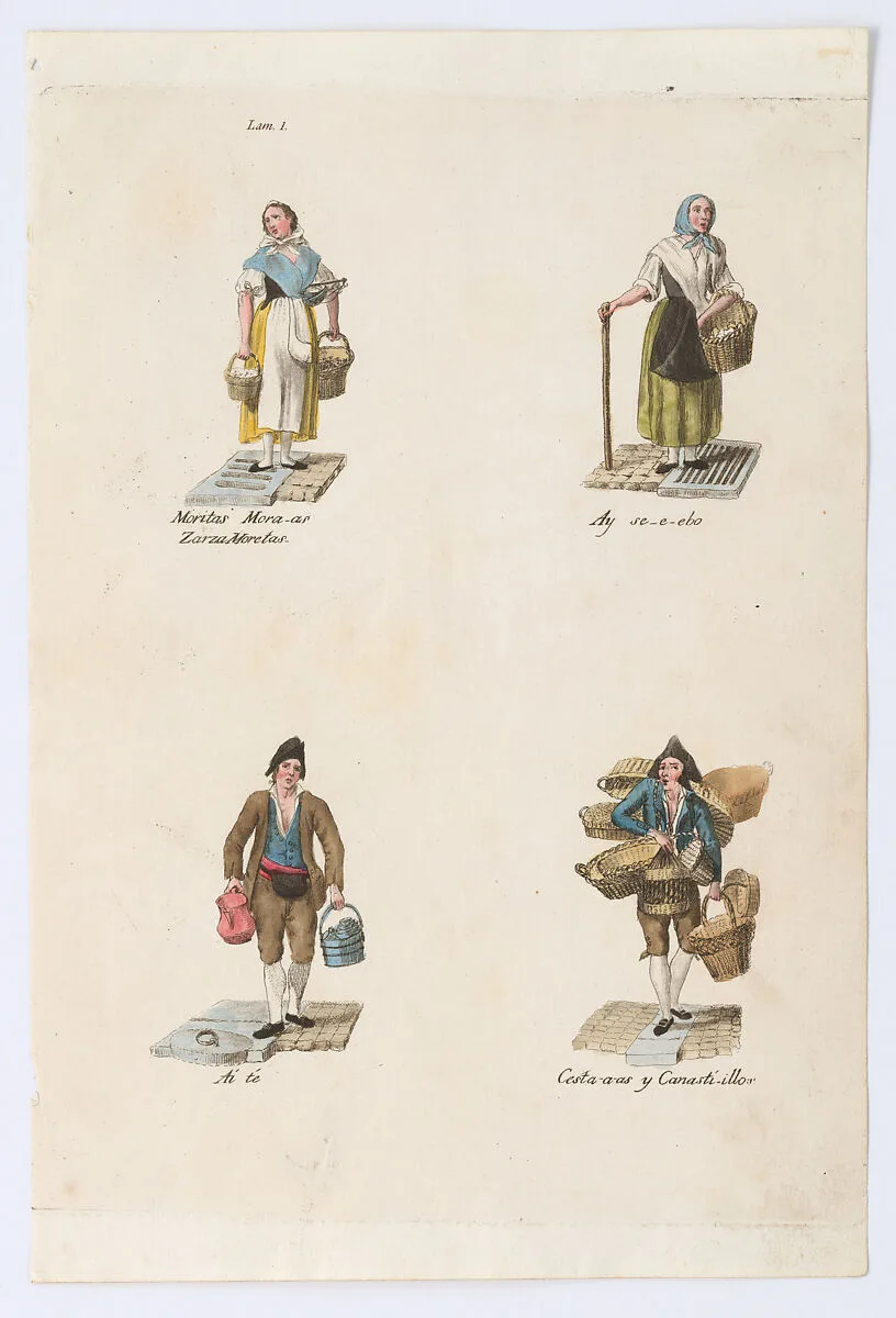 Plate 1: four street vendors from Madrid selling blueberries, onions, tea, and baskets, from 'Los Gritos de Madrid' (The Cries of Madrid) — Imprenta Real, Madrid|Miguel Gamborino