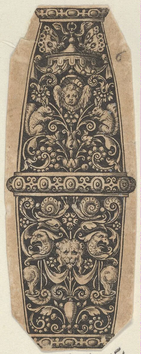 Design for a Sword or Dagger Handle with Putto-Head and Lion's-Head Masks — Theodor de Bry
