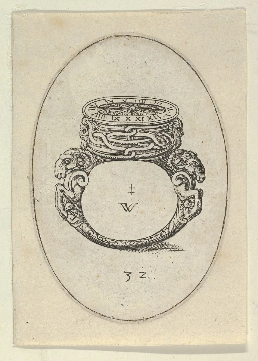 Design for a Ring Watch, Plate 32 from Livre d'Aneaux d'Orfevrerie — Pierre Woeiriot de Bouzey II