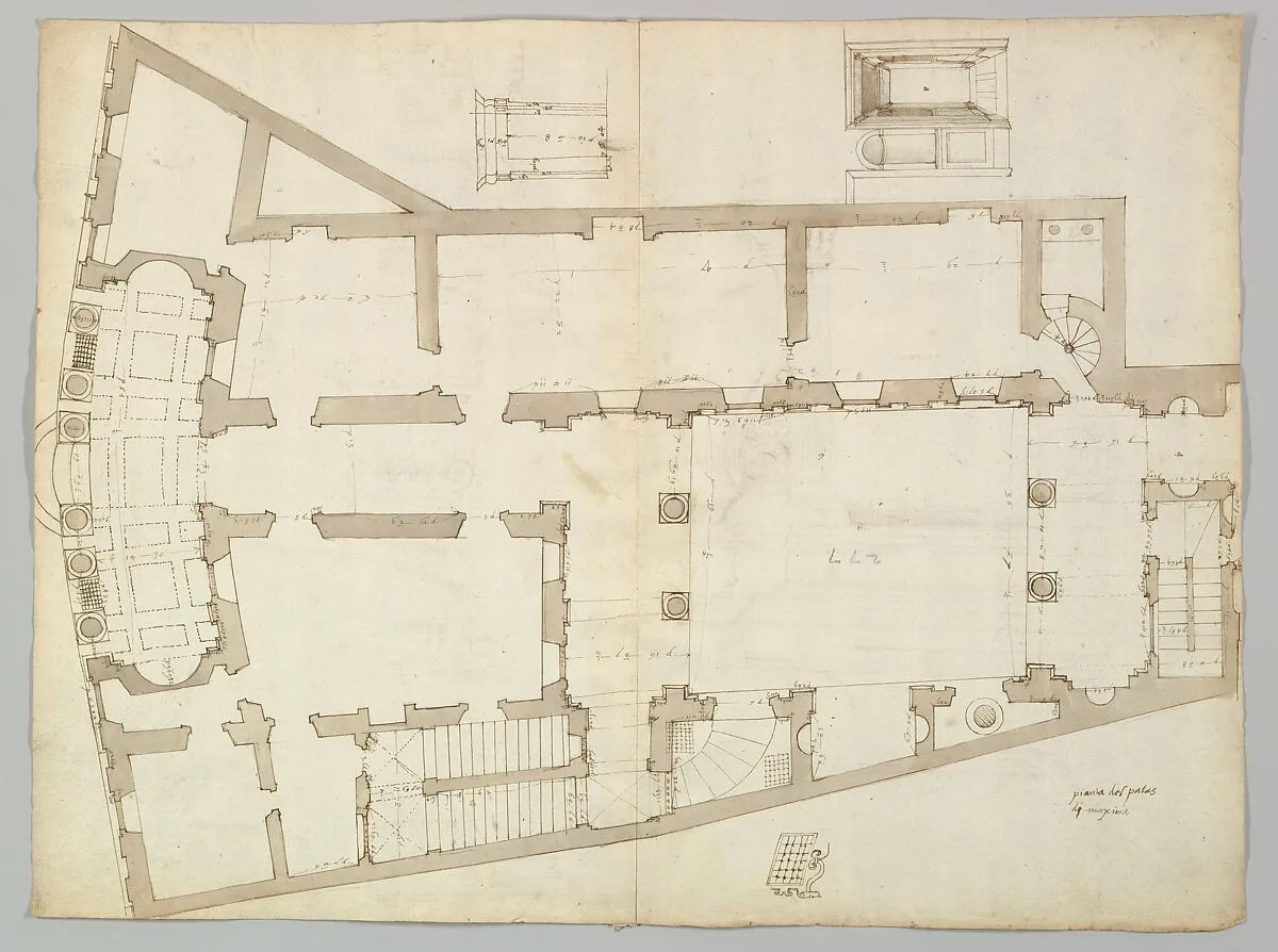 Palazzo Massimo alle Colonne , plan (recto) Palazzo Massimo alle Colonne, façade, details and fireplace (verso) — Anonymous, French, 16th century