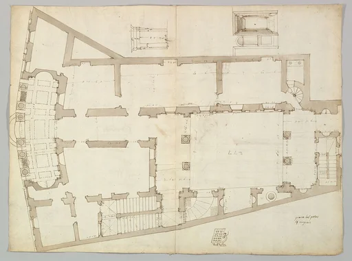 Palazzo Massimo alle Colonne , plan (recto) Palazzo Massimo alle Colonne, façade, details and fireplace (verso)