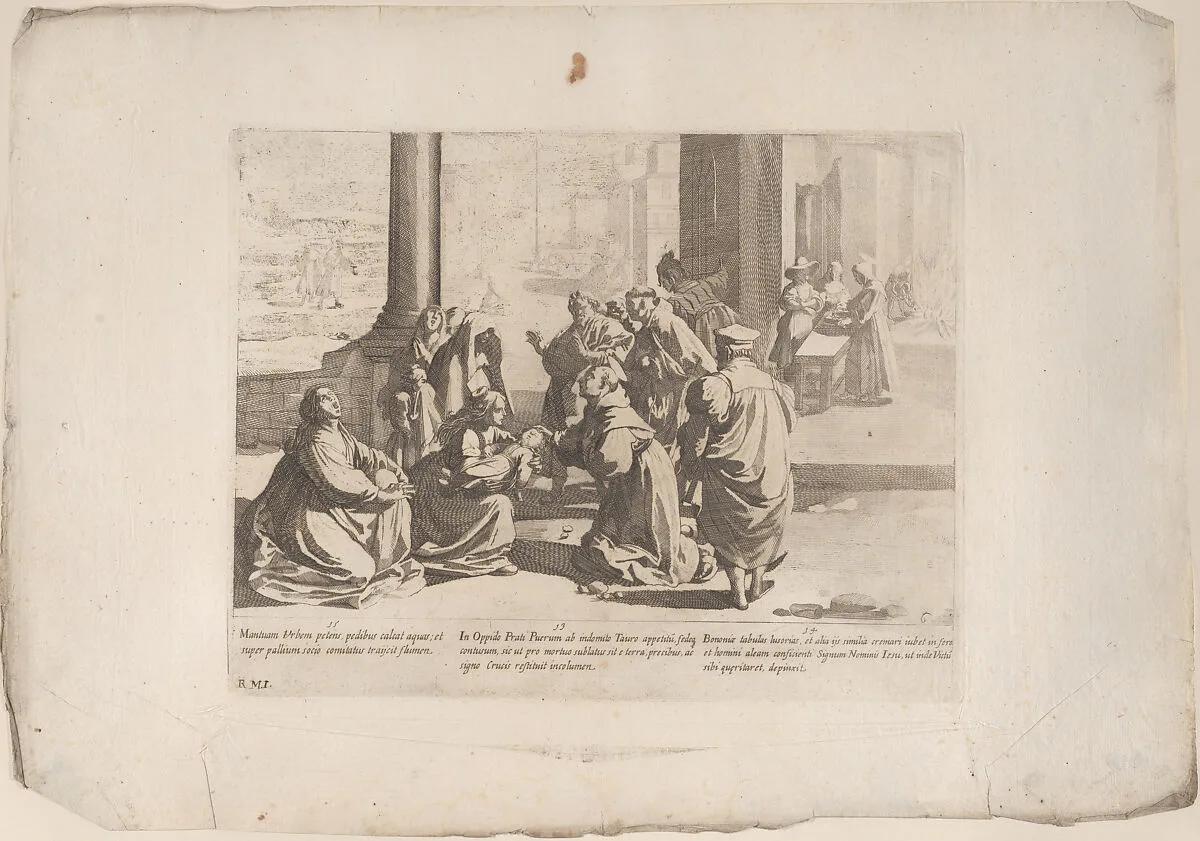 Episode 13: In Prato Saint Bernardino heals a boy attacked by a bull; Episode 14: In Bologna Saint Bernardino orders the burning of luxury books and paints the sign of Christ for a gambler; Episode 15: Saint Bernardino travels to Mantua by foot, from "The Life of Saint Bernardino of Siena" — Rutilio Manetti|Saint Bernardino of Siena|Bernardino Capitelli