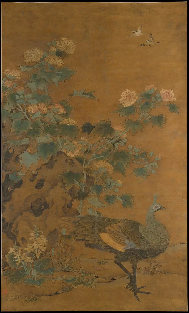 元 邊魯 孔雀芙蓉圖 軸|Peahen and hibiscus — Bian Lu