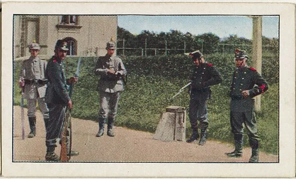 Card No. 62, Guarding the Swiss-German Frontier, from the World War I Scenes series (T121) issued by Sweet Caporal Cigarettes — American Tobacco Company|Underwood & Underwood