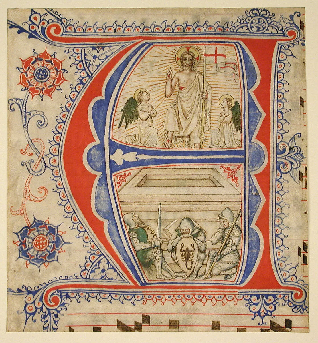 Manuscript Leaf Showing an Illuminated Initial A and The Resurrection — Unknown