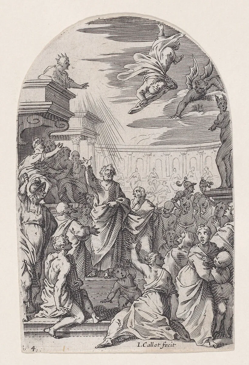 The Fall of Simon the Magician, from Les Tableaux de Rome, Les Eglises Jubilaires (The Paintings of Rome, The Churches Jubilee), plate 4 — Jacques Callot|Francesco Vanni