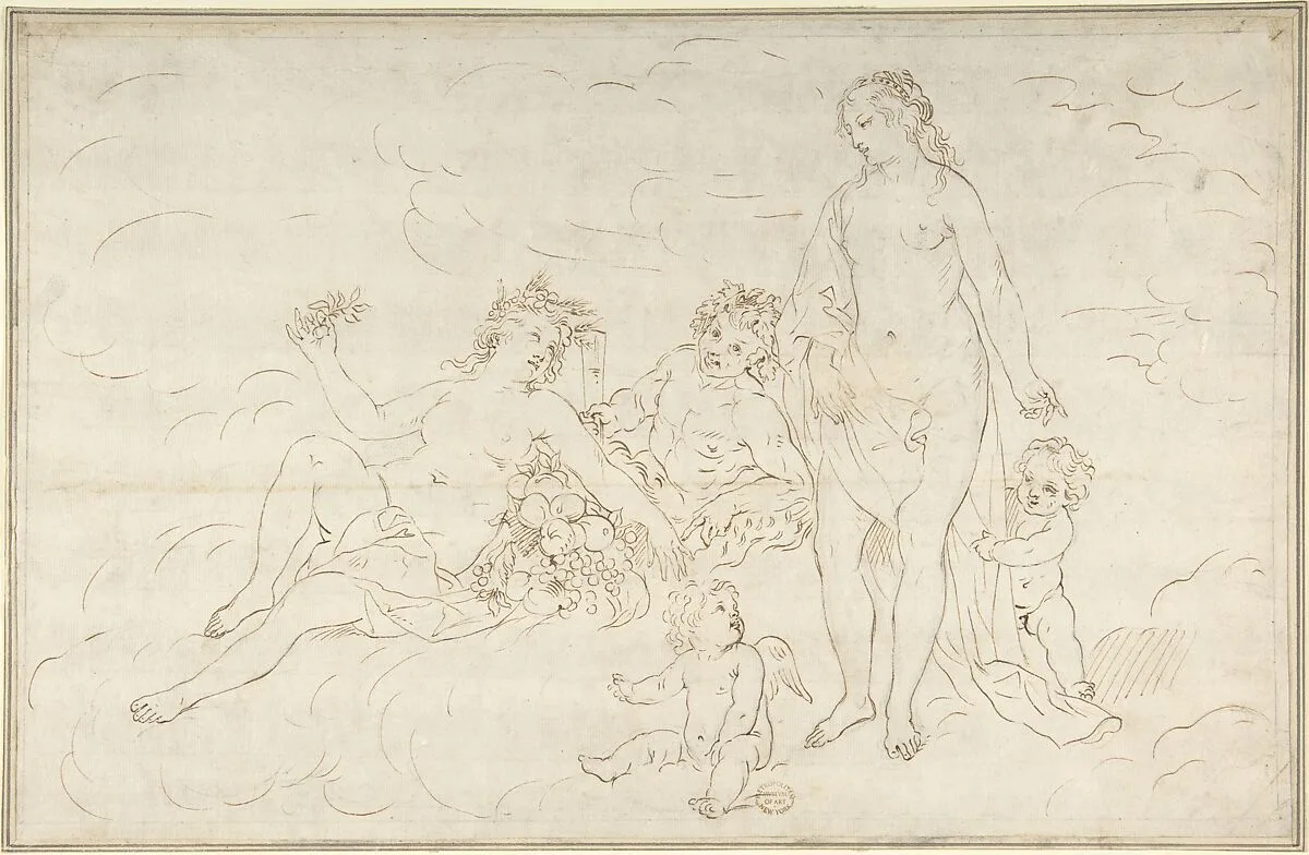 Nymphs, Satyr? and Putti — Anonymous, Italian, Roman-Bolognese, 17th century