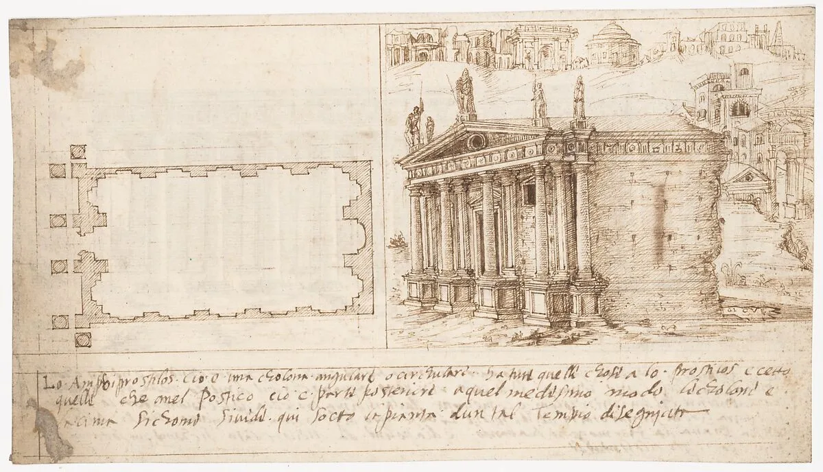 Recto: Temple Types: Amphiprostyle (Vitruvius, Book 3, Chapter 2, no. 4); Verso: Temple Types: Pseudodipteral (Vitruvius, Book 3, Chapter 2, no. 6). — Sangallo family|Marcus Pollio Vitruvius