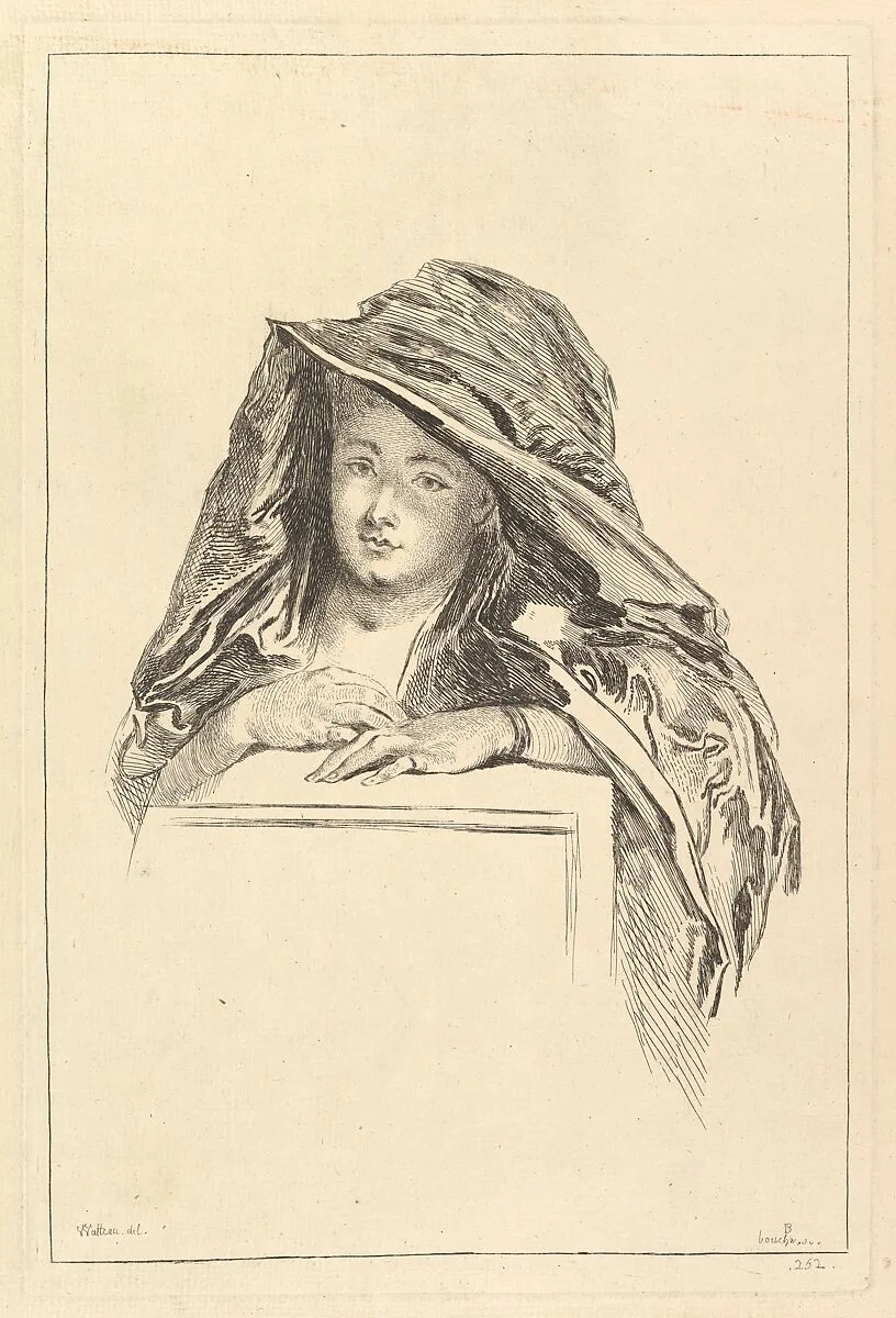 Bust Portrait of a Woman wearing a Hooded Mantle — François Boucher|Antoine Watteau