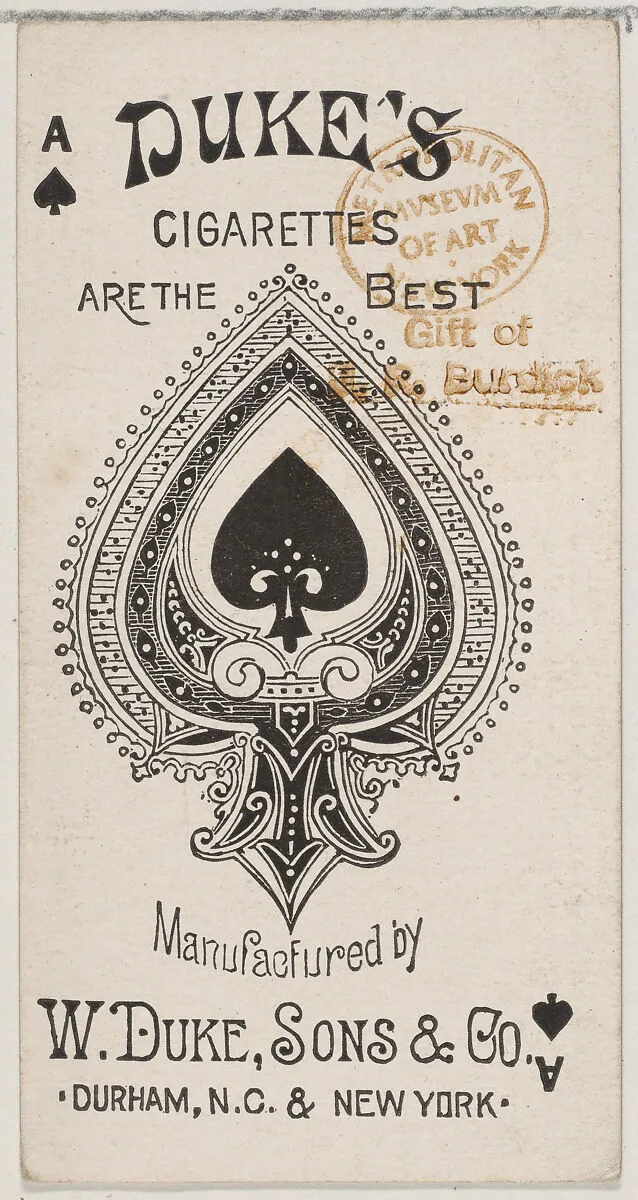 Ace of Spades (black), from the Playing Cards series (N84) for Duke brand cigarettes — W. Duke, Sons & Co.