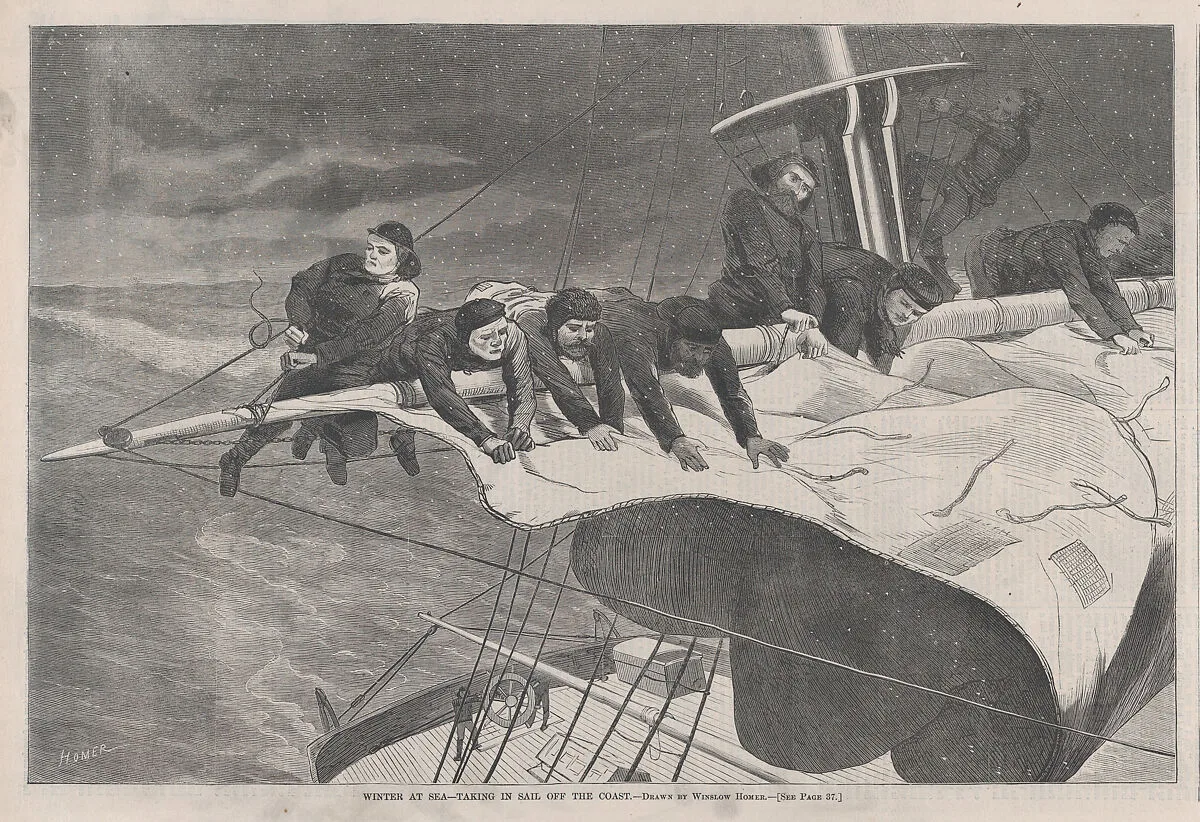 Winter at Sea – Taking in Sail off the Coast (from "Harper's Weekly," Vol. XIII) — Winslow Homer|Harper's Weekly|Harper & Brothers