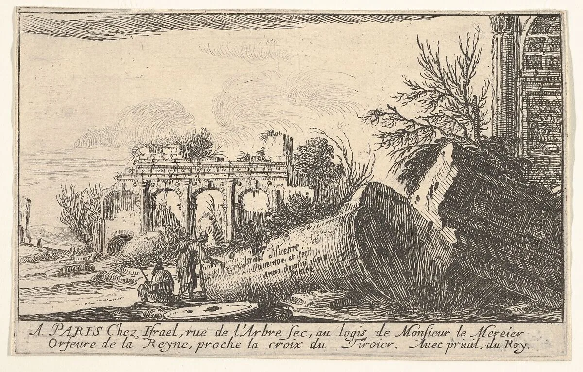 Frontispiece: a man reaches toward a fallen column, a seated man beside him, trees and ruins beyond, from the series 'Views of Italy' (Vues d'Italie) — Israel Silvestre