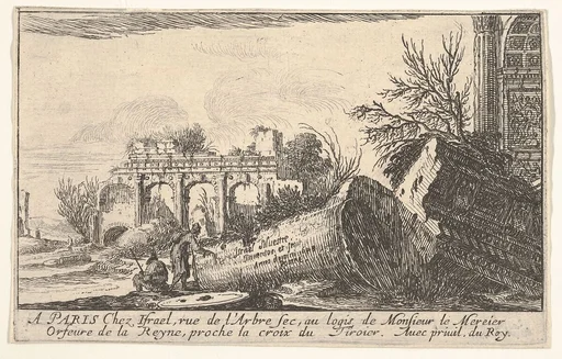 Frontispiece: a man reaches toward a fallen column, a seated man beside him, trees and ruins beyond, from the series 'Views of Italy' (Vues d'Italie)