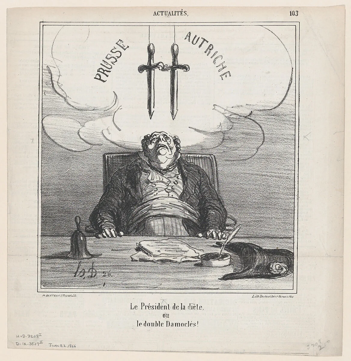 The president of the federal diet or the double sword of Damocles, from 'News of the day,' published in Le Charivari, June 22, 1866 — Arnaud de Vresse|Destouches|Honoré Daumier