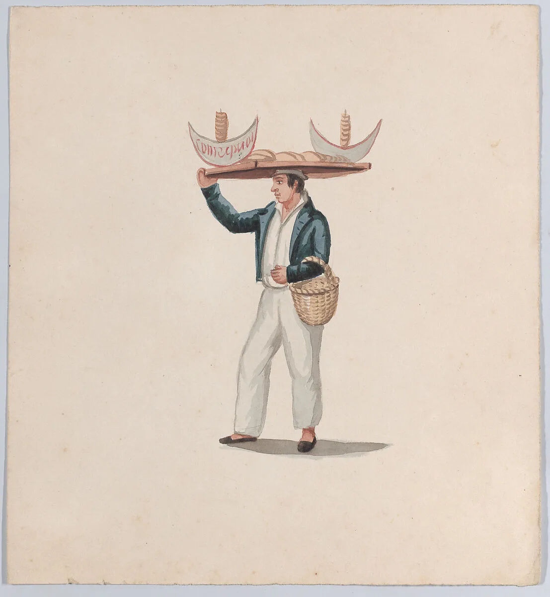 A tortilla vendor balancing a tray on his head, from a group of drawings depicting Peruvian dress — Francisco (Pancho) Fierro
