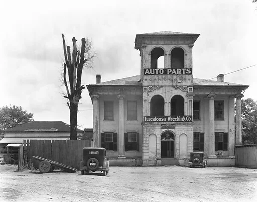[Converted Italianate Revival House with Wrecking Company Signs on Tower, Near Tuscaloosa, Alabama]