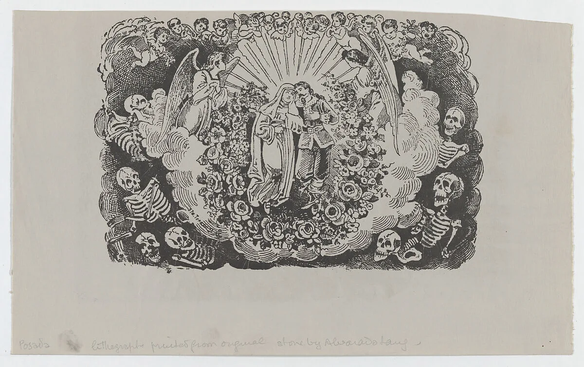 A female saint standing with a cavalier and surrounded by angels and skeletons — José Guadalupe Posada