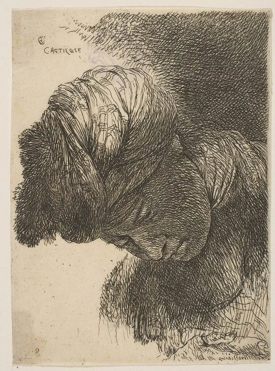 Young man with his head lowered, wearing a turban, facing left, from the series of 'Small Heads in Oriental Headdress' (19th century impression) — Giovanni Benedetto Castiglione (Il Grechetto)