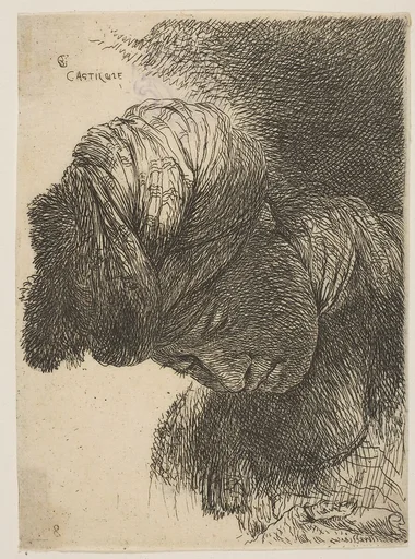 Young man with his head lowered, wearing a turban, facing left, from the series of 'Small Heads in Oriental Headdress' (19th century impression)