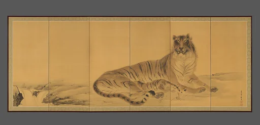 岸竹堂筆 虎図屏風|Tiger, Tigress and Cub