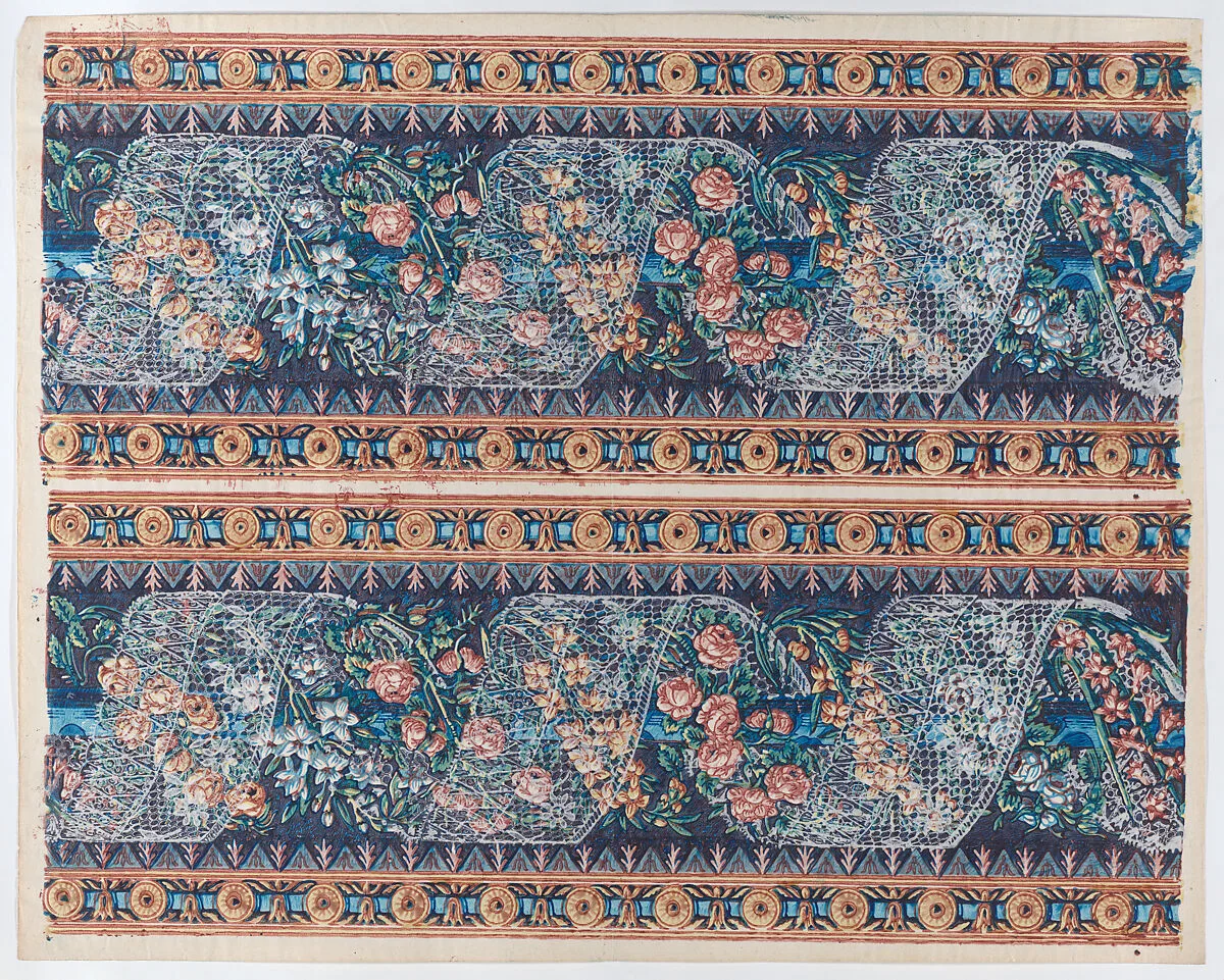 Sheet with two borders with lace atop a floral garland against a navy background — Remondini Family|Anonymous