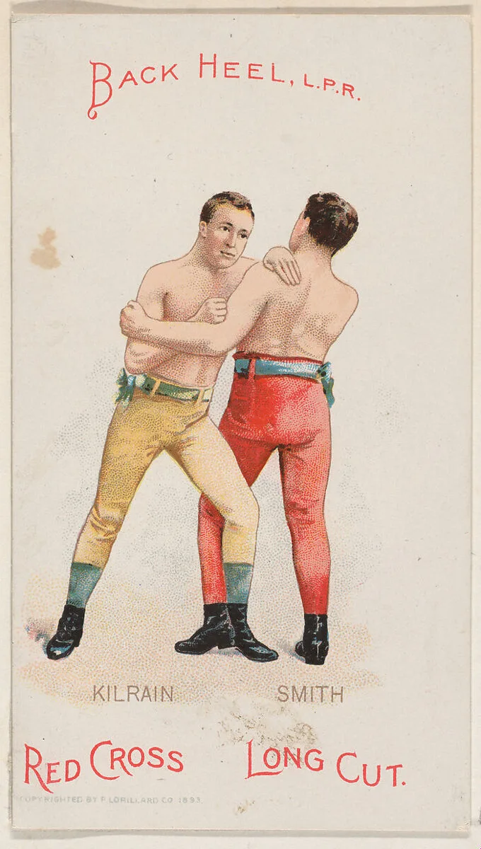Back Heel, L.P.R., Jake Kilrain and Jem Smith, from the Boxing Positions and Boxers series (N266) issued by P. Lorillard Company to promote Red Cross Long Cut Tobacco — P. Lorillard Company|H.A. Thomas & Wylie Lithographer Co., New York