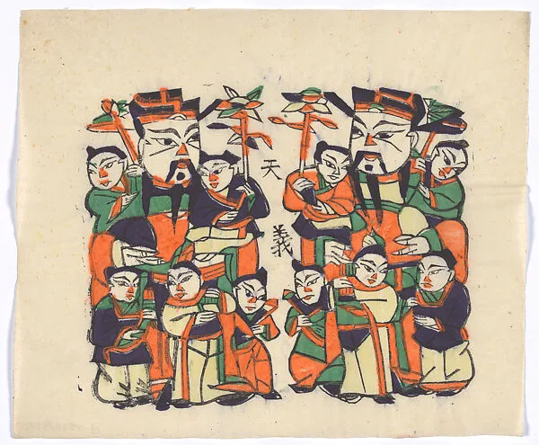 現代 佚名 雙人五子天官門神 彩印木刻年畫 河南朱仙鎮天義老店|New Year Picture of Paired Civil Door Gods with Five Children — Unidentified