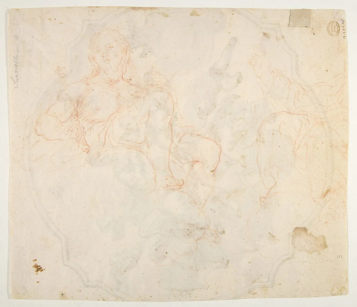 The Virgin Nursing the Christ Child, in a Glory of Angels (recto); Studies for seated figures of Christ and God the Father in red chalk (verso) — Nicola Maria Rossi