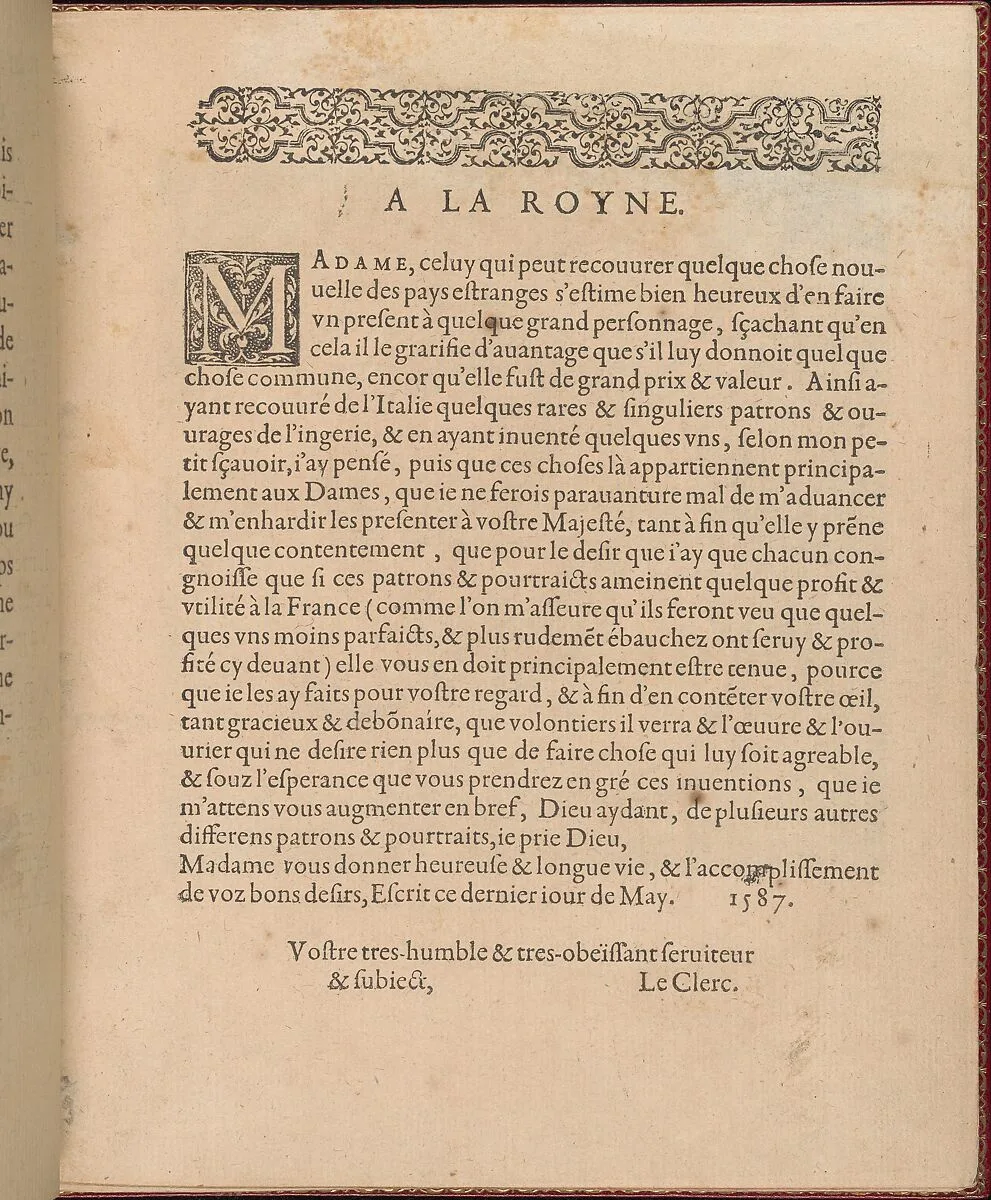 Les Singuliers et Nouveaux Portraicts... page 4 (recto) — Jean Le Clerc|Henri III, King of France and Poland|Louise de Lorraine-Vaudemont|Chambolle-Duru|Federico de Vinciolo