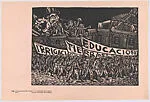 Plate 76: the people marching with banners for the right to education, land and irrigation, from the portfolio 'Estampas de la revolución Mexicana' (prints of the Mexican Revolution) — Taller de Gráfica Popular|Fernando Castro Pacheco