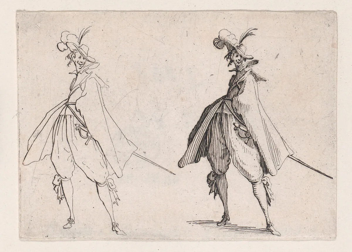 Le Gentilhomme au Grand Manteau, Vu de Face (The Gentleman with a Large Mantle, Viewed from the Front), from Les Caprices Series A, The Florence Set — Jacques Callot|Lorenzo de' Medici