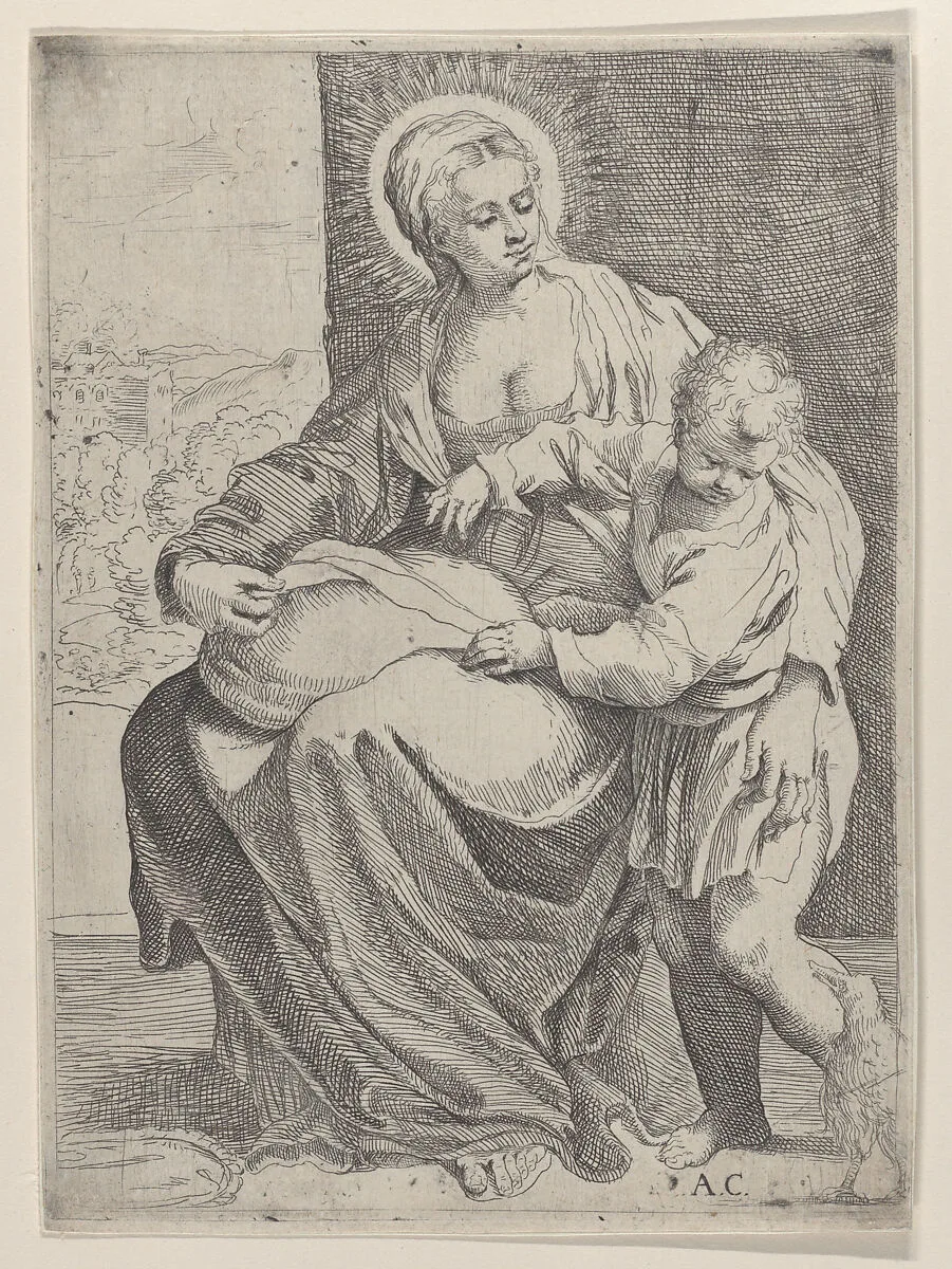 The Virgin seated holding a pillow on her lap with the young Christ standing at right — Annibale Carracci|Francesco Brizio|Guido Reni