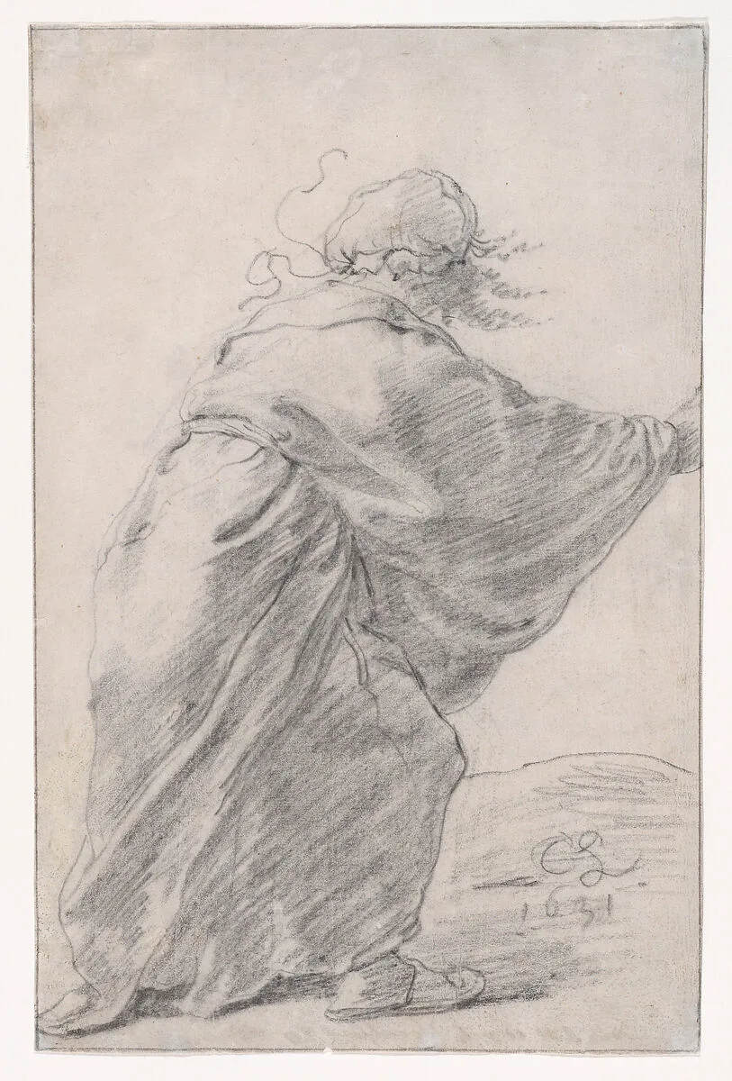 A wild-haired, robed woman rushing to the right, seen from behind — Cornelis Saftleven
