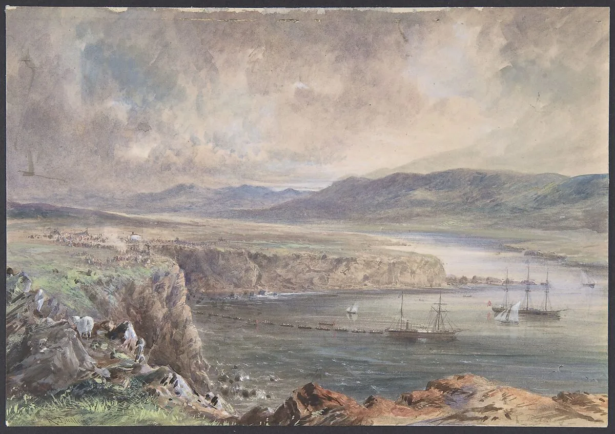 Foilhummerum Bay, Valentia, Looking from Cromwell Fort: The Caroline and Boats Laying the Earth Wire, July 21st, 1865 — Robert Charles Dudley